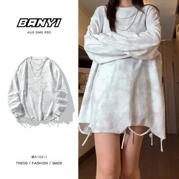 Riolio Men Women Tie-dye Long-sleeved T-shirt American O-neck Streetwear Spring Summer Hip-hop Hole Casual Loose Tops Black/White